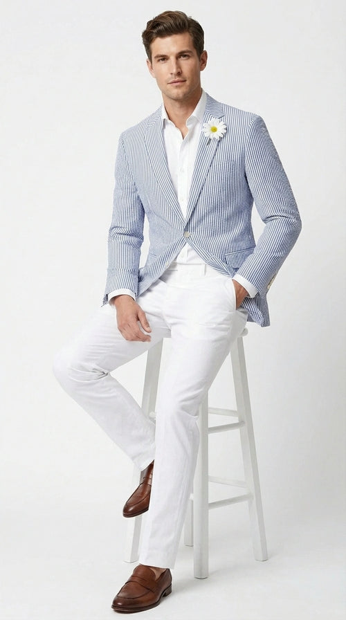Mens Blue Seersucker Blazer β Lightweight Striped Summer Sport Coat Casual Smart Formal Jacket