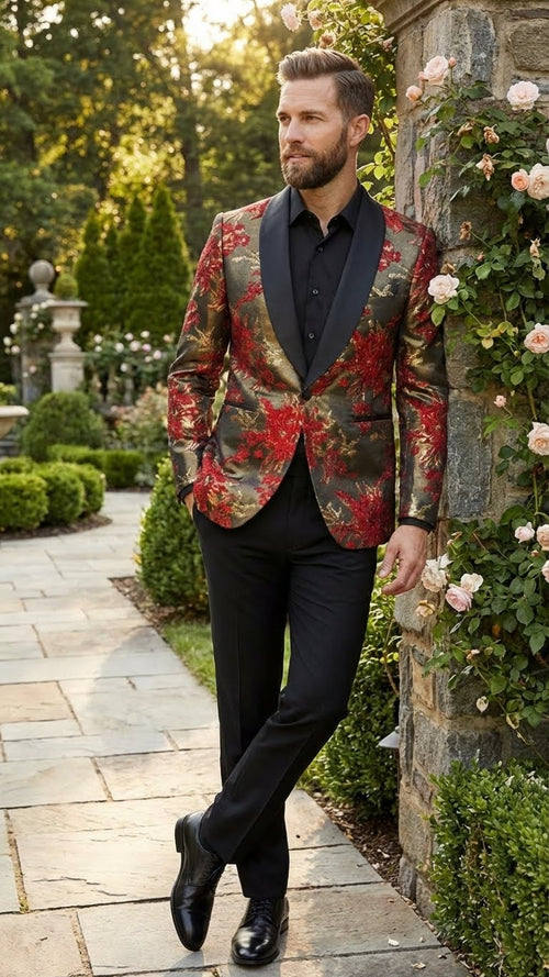 Men’s Red and Gold Floral Pattern Paisley Shawl Lapel | Luxury Evening and Party Wear Jacket Prom Christmas New Year Blazer