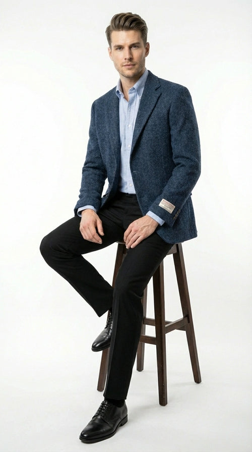 Mens Light Blue Tweed Blazer Sport Coat β Classic Herringbone Jacket Formal Business Casual Smart Outerwear in indigo cobalt blue
