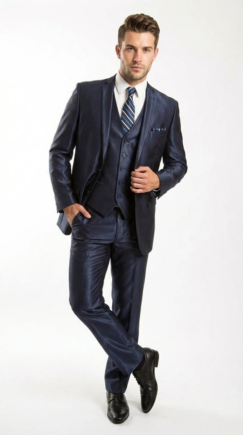 Men’s Navy Blue Sharkskin 3 Piece Suit – Two Button Vested Shiny Formal Suit for Wedding, Prom, Business and Party Wear