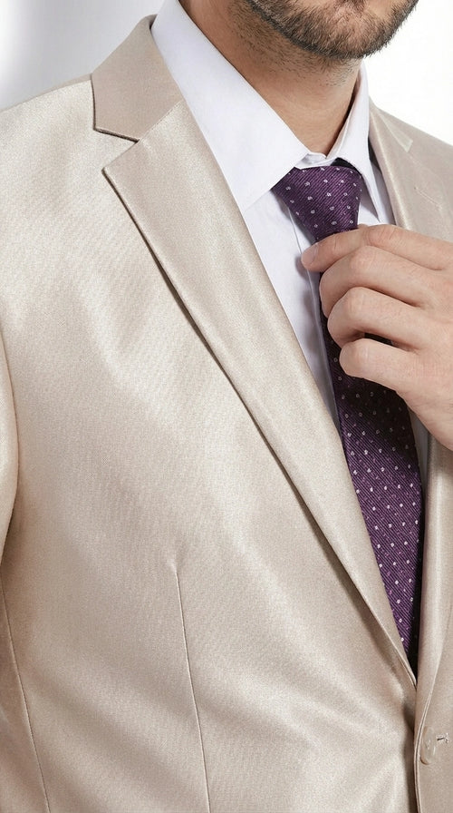 Men’s Champagne Tan Sharkskin 2 Button Suit – Shiny Formal Suit with Optional Vest for Wedding, Prom, Business Beige Color