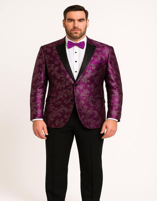 Product Title: Men's Pinkish ~ Purple Paisley Tuxedo Jacket with Black Satin Lapel – Formal Prom and Wedding Blazer in Meganta Color
