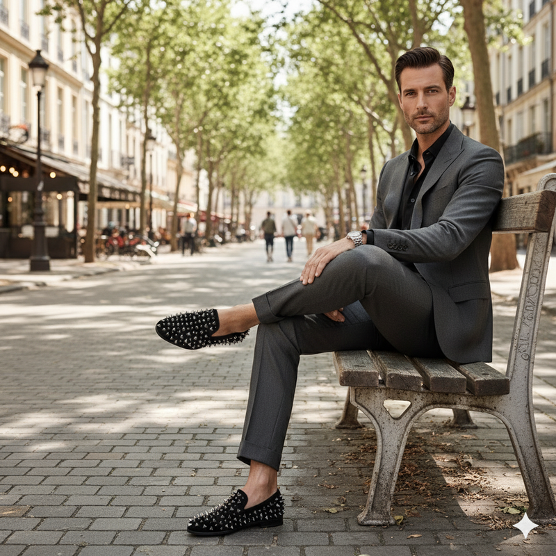 Men’s Black Studded Loafers with Silver Spikes – Luxury Slip-On Dress Shoes for Parties and Formal Events