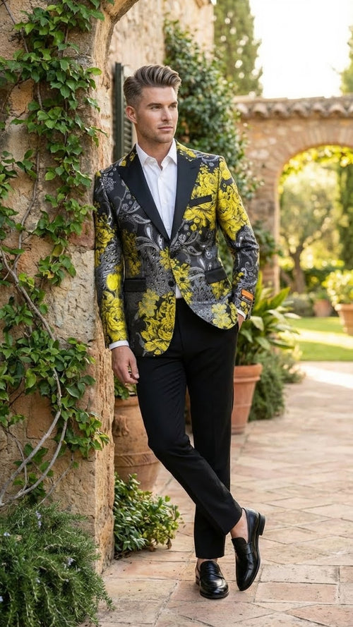 Men’s Yellow Tuxedo Black and Gold Floral Pattern Blazer - Formal Jacket - Prom Dinner Jacket + Black Pants + Bowtie by USA Men's Outlet