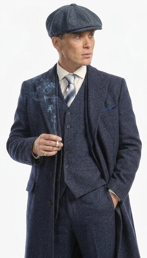 Men’s Navy Blue Herringbone Tweed 1920s 3 Piece Suit with Overcoat – Vintage Peaky Blinder Style Formal Suit Set with Blazer, Waistcoat + Overcoat + Hat