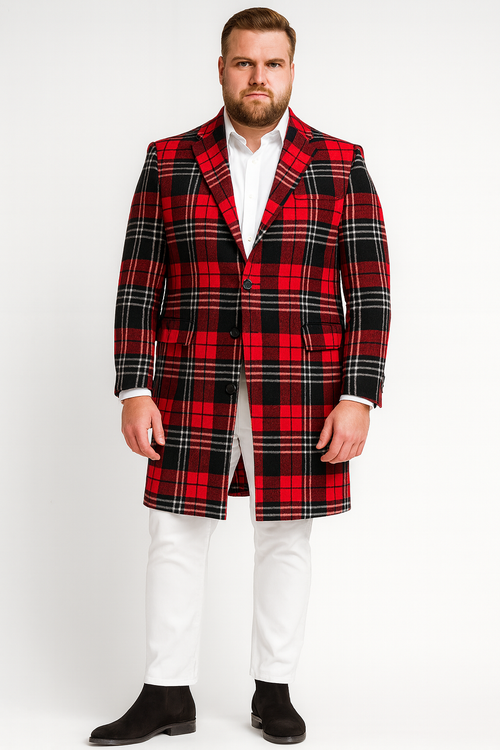 Men’s Red Plaid Wool Overcoat - Classic Tartan Check Long Coat for Stylish Winter Wear by USA Men's Outlet