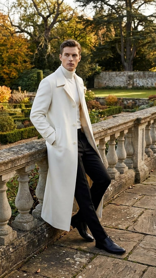 Mens Off-White Long Trench Coat β Overcoat with Classic Clean Design Duster Maxi Coat in Ivory Color