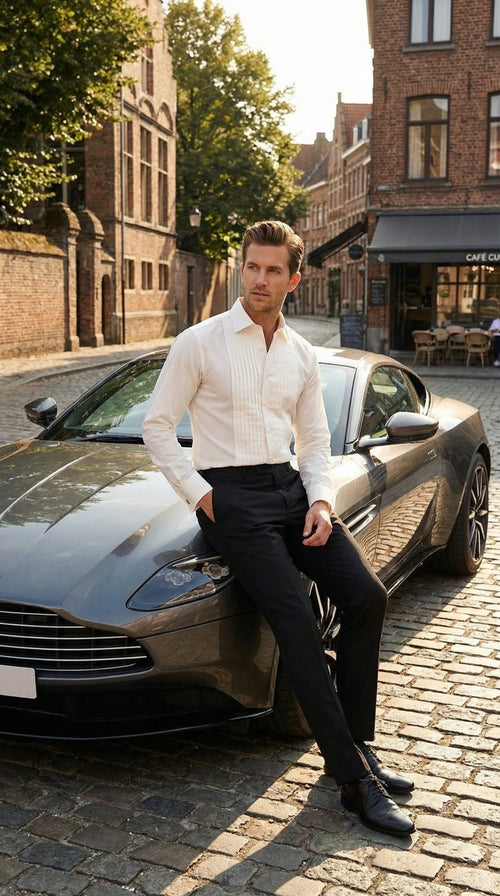 Men’s Ivory Cream Off White Pleated Tuxedo Dress Shirt | French Cuff Formal Wedding Shirt