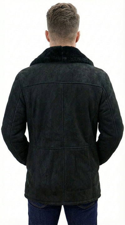 Men’s Black Sheepskin Leather Jacket Cowboy – Warm Faux Fur Collar Coat, Winter Long Jacket, Casual Western Style Outerwear