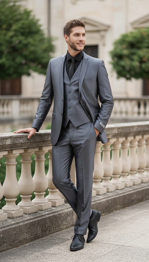 Men’s Dark Grey Shiny Two-Piece Suit - Slim Fitted Formal Jacket and Tailored Pants - Sateen Metalic in Charcoal Gray Color - USA Men's Outlet