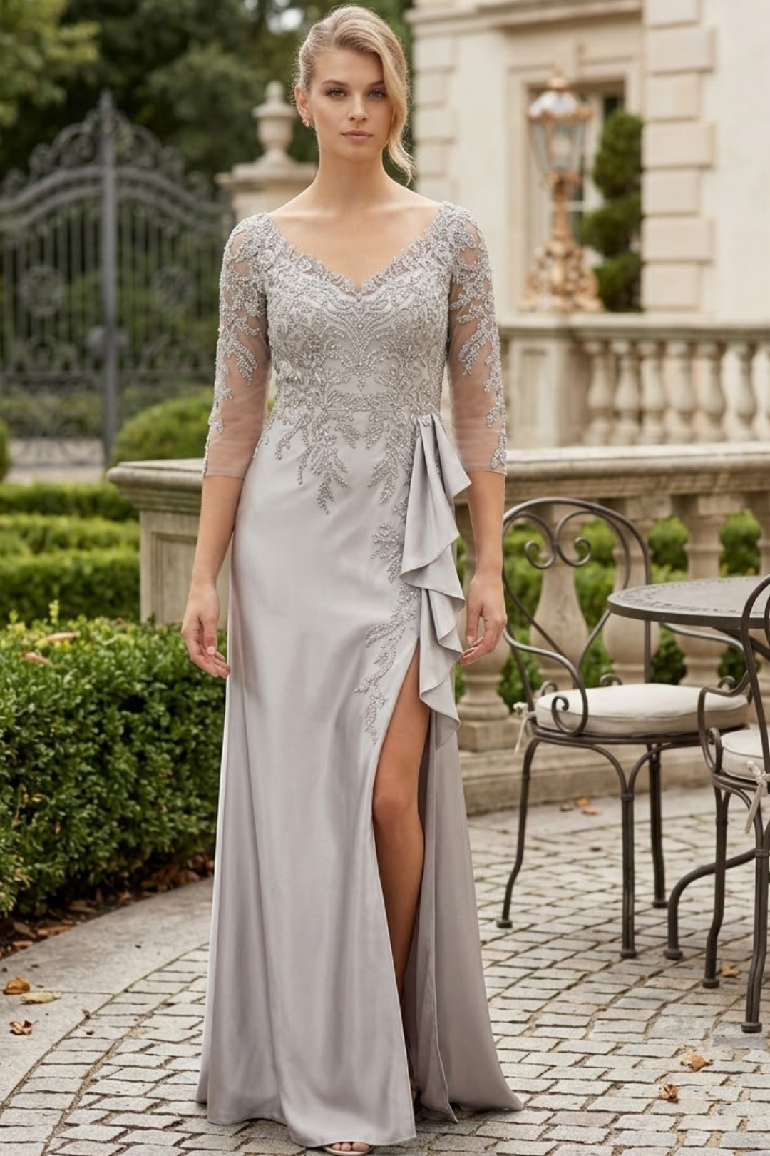 3/4 Sleeve Mother of the Bride Dress with Beaded Appliqués Formal Gown