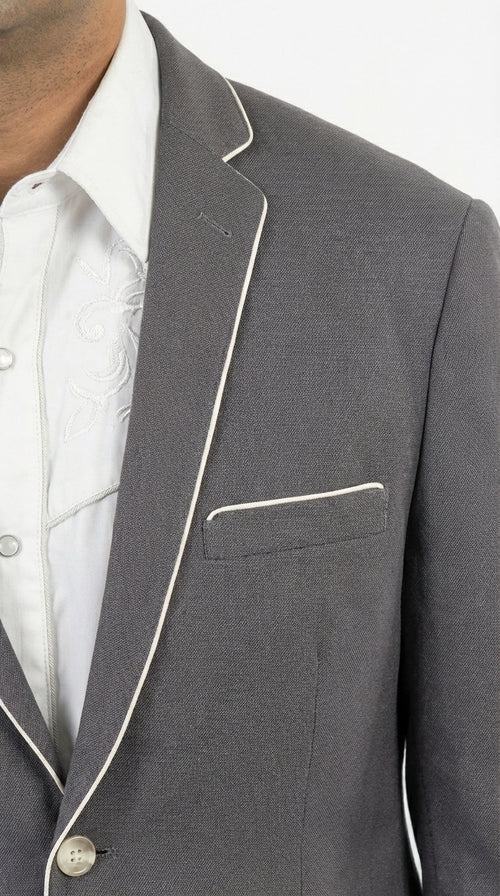 Mens Grey and White Trim Western Blazer β Classic Fit Cowboy Style Contrast Trim Dress Jacket