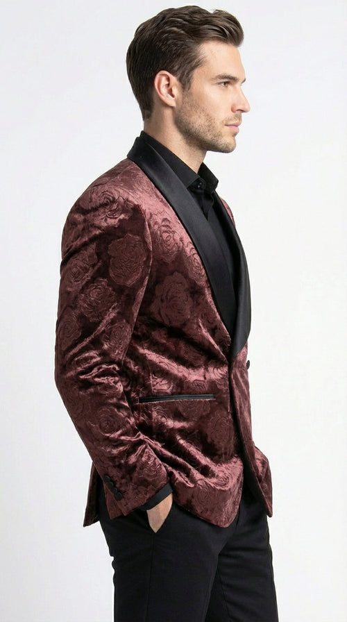 Mens Rust Copper Brick color Floral Jacquard Pasiley Blazer β Pattern Dinner Jacket with Black Shawl Lapel for Formal dinners and Wedding