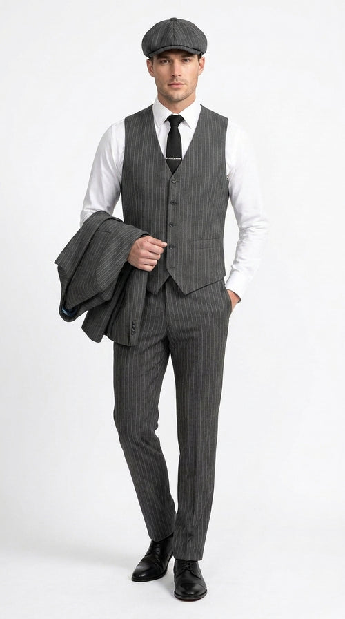 Men’s Thomas Shelby Peaky Blinders Gray Wool Suit Out fit Charcoal Grey Pinstripe 3-Piece Vintage 1920s Suit