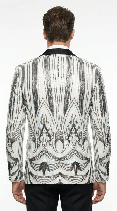 Menβs White and Black Patterned Tuxedo Blazer β Luxury Designer Dinner Jacket for Wedding, Prom and Formal Events New Year Christmas Holiday