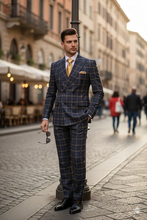 Men’s Navy and Tan Windowpane Double-Breasted Suit - Classic 2-Piece Plaid Dress Suit, Business, and Formal Events By Rossiman USA Men's Outlet