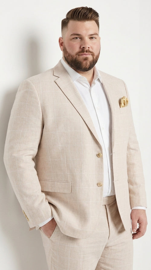Men’s Big and Tall Beige Linen Suit – Summer Wedding and Formal 2-Piece Suit
