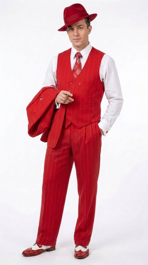 1920s Christmas Holiday Gangster Men’s Red Pinstripe 3-Piece Suit – Peak Lapel Classic Fit Pleated Pants