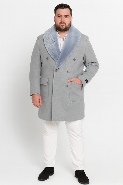 Men’s Light Grey Double Breasted Overcoat with Faux Fur Shawl Collar - Winter Luxury Coat Wool Fabric USA Men's Outlet