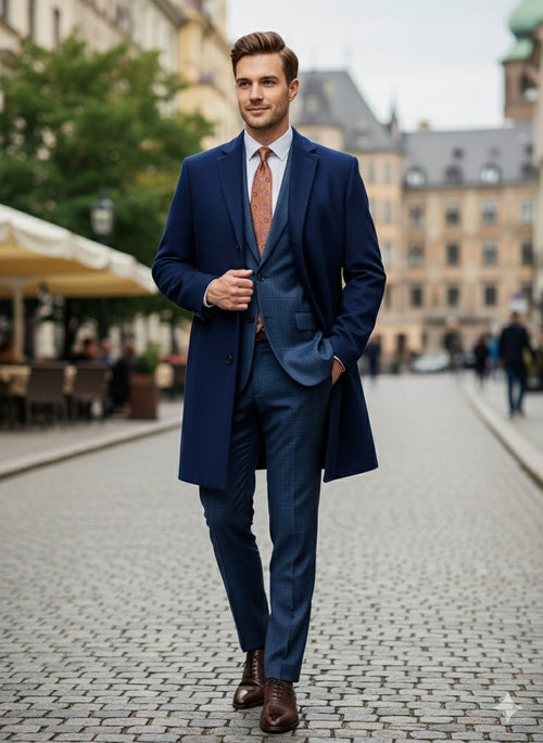 Mens Cobalt Blue Wool and Cashmere Car Coat Overcoat - Classic Winter Topcoat for Indigo Saphire Color (light Navy Dark Royal) by USA Men's Outlet