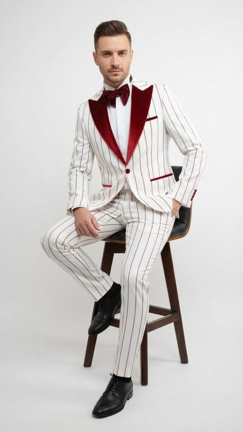 Men’s White and Dark Red Pinstripe Tuxedo with Velvet Shawl Lapel - Formal Dinner Blazer Prom Christmas New Year Holiday Suit by USA Men's Outlet