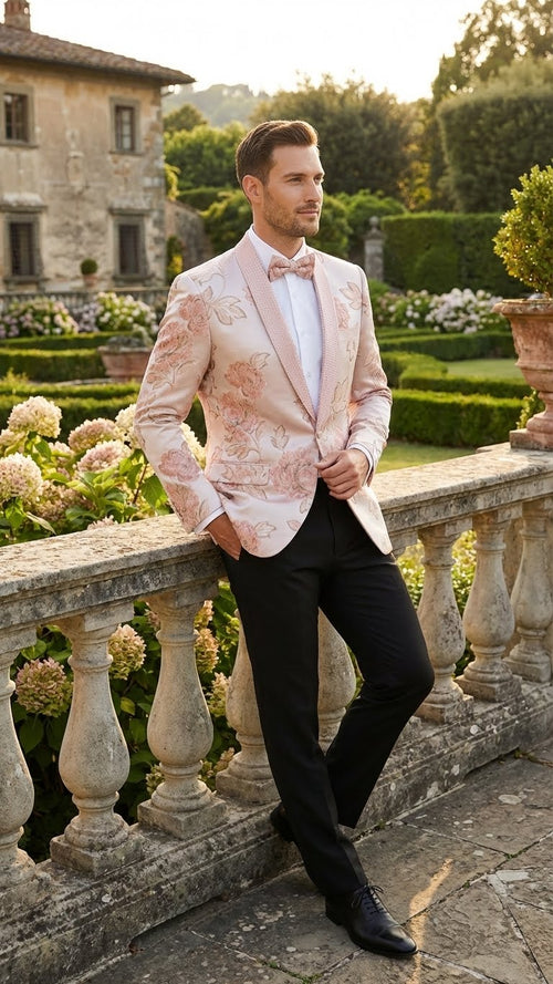 Men’s Pink Blush Floral Jacquard Blazer with Embellished Shawl Lapel – Luxury Party and Wedding Wear Jacket