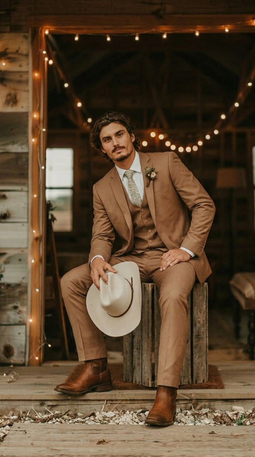 Mens Camel Brown Copper Western 3 Piece Suit β Classic Country Style Blazer Vest Pants Set, Formal Cowboy Suit Outfit