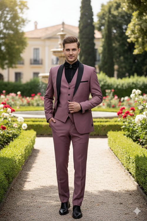 Men's Rose Pink Tuxedo Suit – Luxury Three-Piece Formal Wear with Black Satin Lapel Dusty Mauve Color