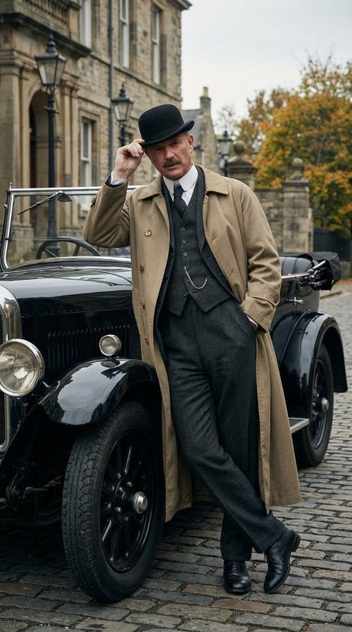 Men’s Beige Cotton Trench Coat Suit Package – Classic Long Overcoat for Formal + Suit + Hat