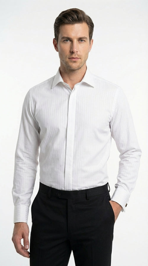 Mens White Herringbone Shadow and Tone on Tone Dress Shirt – Classic Formal Wedding