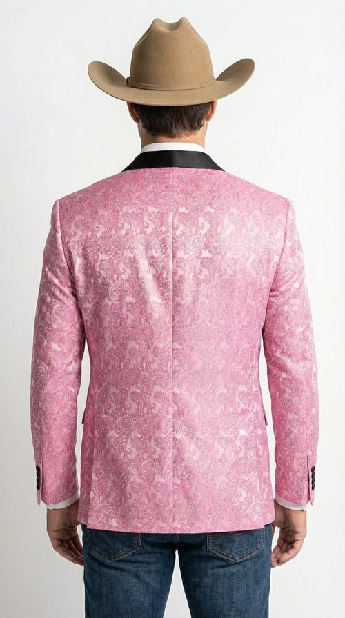 Mens Hot Pink Paisley Western Blazer Jacket β Stylish Pattern Formal Blazer with Black Shawl Lapel for Party, Wedding Cowboy Sportcoat
