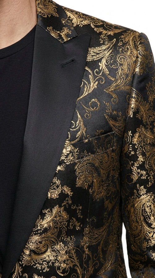 Men’s Black & Gold Paisley Tuxedo Jacket – Luxury Floral Formal Dinner Blazer Black Pants