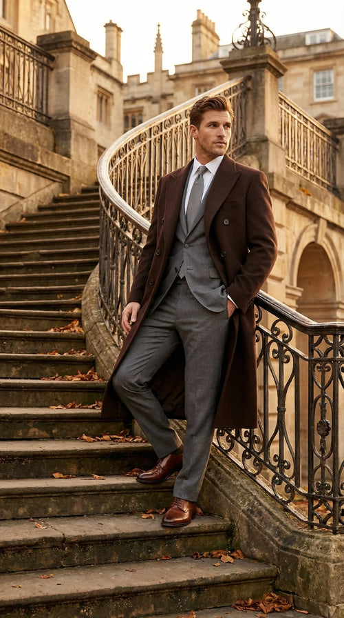 Menās Brown Long Overcoat ā Double Breasted Classic Formal Winter Coat for Business, Topcoat and Cold Weather Wear