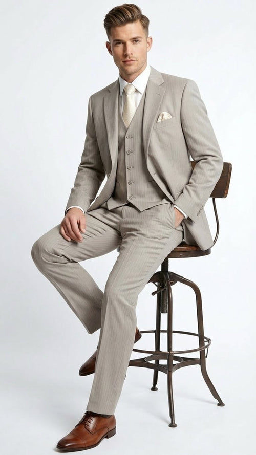 Men’s Light Tan Pinstripe 3 Piece Suit with Jacket, Vest, and Pants | Shadow Stripe Tone Tone Pleated Pants Classic