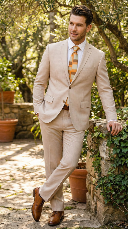 Vitali Men’s Natural Beige Pinstripe Suit – Summer Tan Pinstripe Weddings and Business Wear