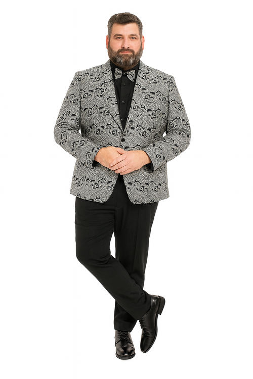 Men’s Black and Silver Paisley Tuxedo Jacket - Slim Fit Dinner Blazer with Matching Bow Tie with Black Pants by USA Men's Outlet