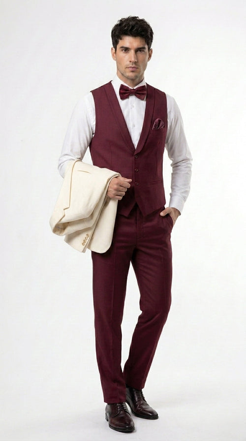 Menās Cream Ivory and Burgundy 3 Piece Tuxedo Suit, Vested Formal Wedding Prom Dinner Suit in Cream Off White Color