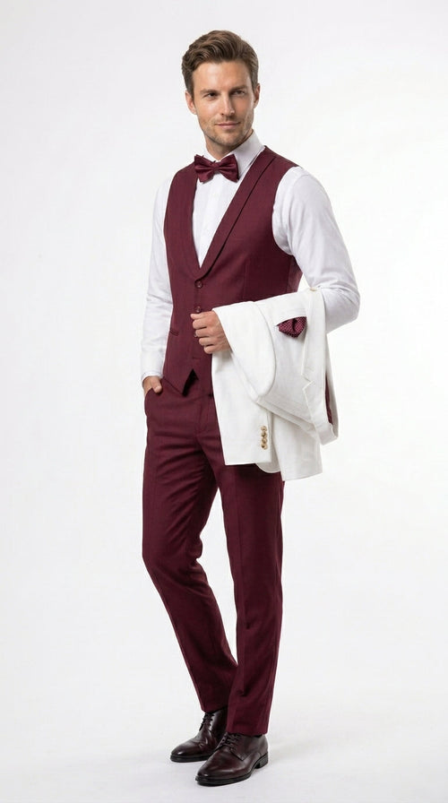 Menās White and Burgundy 3 Piece Tuxedo Suit, Vested Formal Wedding Prom Dinner Suit Set bowtie included