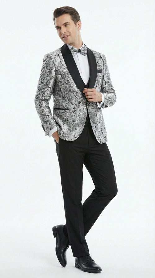 Mens Black and Silver Floral Tuxedo β Luxury Patterned Wedding, Prom and Formal Dinner Tuxedo