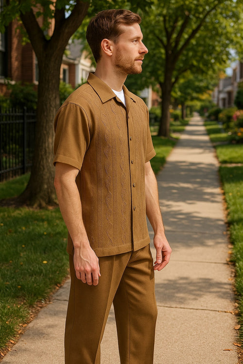 Mens Mocha Brown Short Sleeve Knit Walking Suit - Two-Piece Casual Button Down Set in Taupe Coffee Color USA Men's Outlet