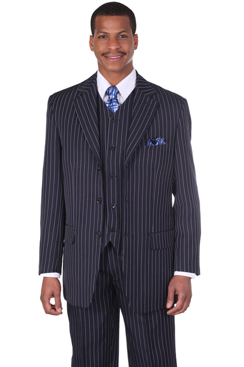 Mens 3 Button Vested Vintage Bold Gangster Pinstripe Suit in Navy Blue by Fortino Landiin