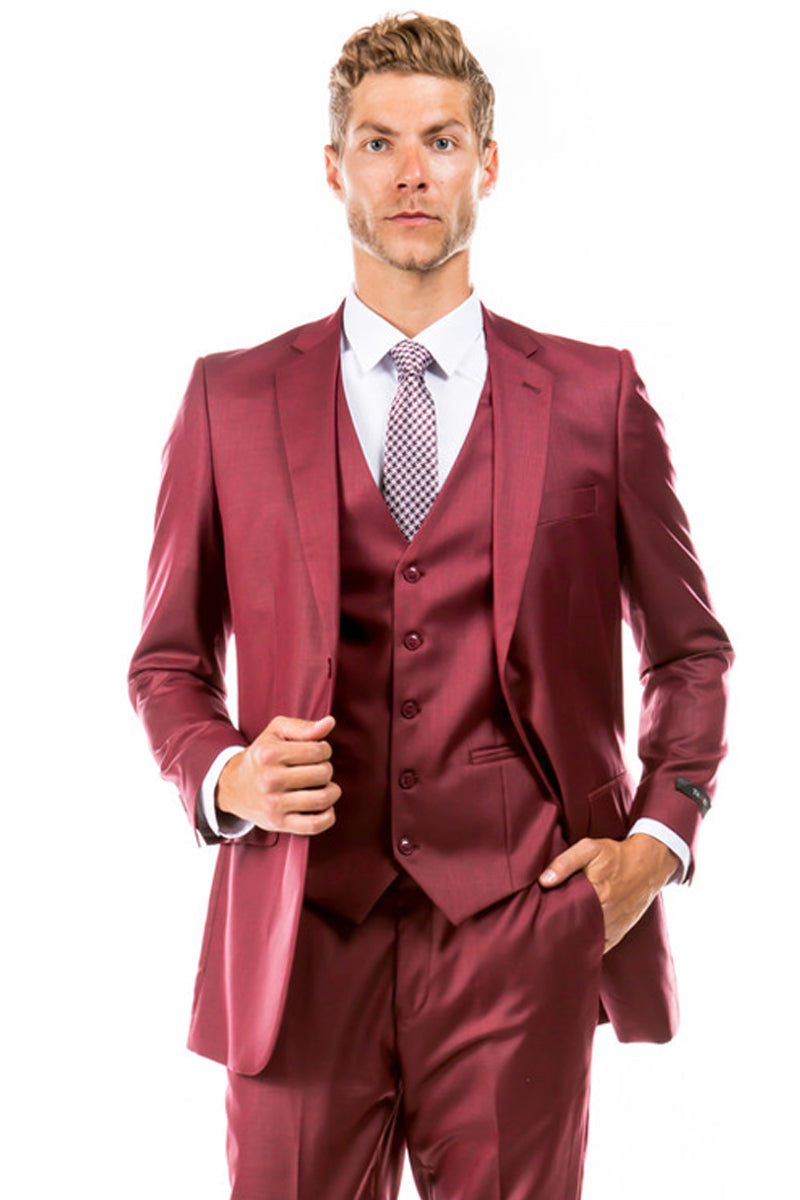 Men's Cranberry Red Sharkskin Suit by Tazio Suits