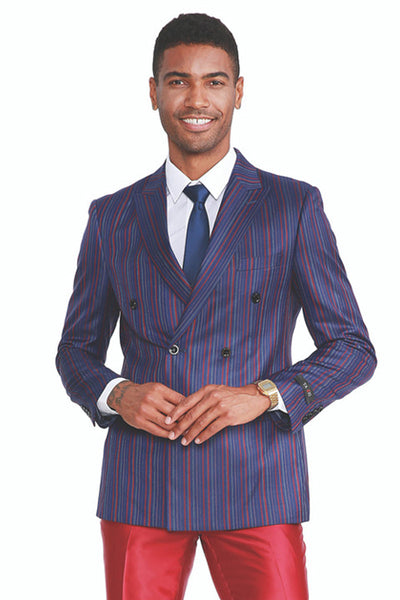 Men's Slim Fit Double Breasted Navy Suit with Red Pinstripes and Satin Pants