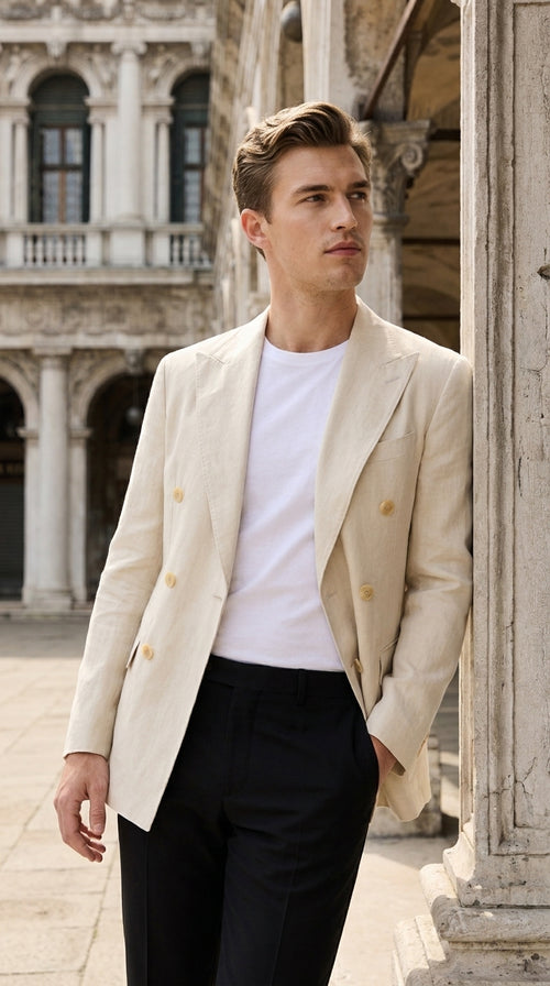 Men’s Cream Double Breasted Blazer – Ivory 6 Button Formal Wedding Sport Coat Off White color