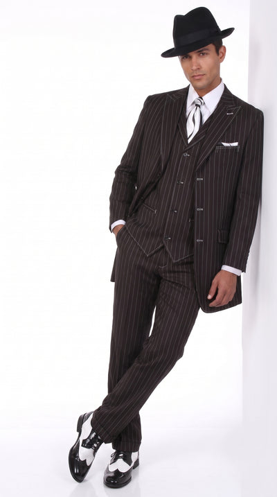 Men’s Black Pinstripe Zoot Suit – 3-Piece 1920s Gangster Vested Formal Suit