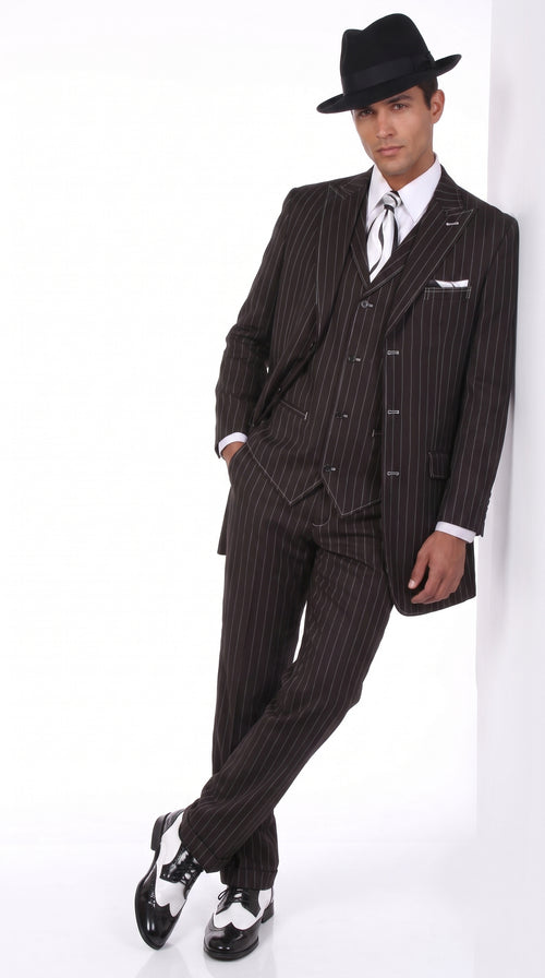 Men’s Black Pinstripe Zoot Suit – 3-Piece 1920s Gangster Vested Formal Suit