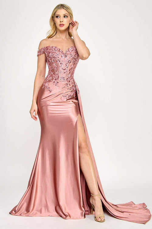 Lenovia 8397 Off Shoulder Sateen Dress with Applique and Slit