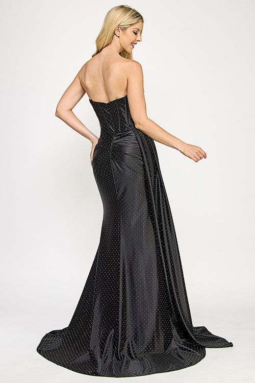 Strapless Corset Gown with Crystal Sweetheart Neckline and High Slit By Lenovia 8402