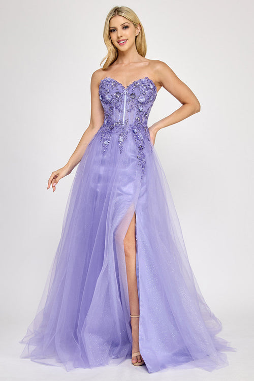 Lenovia 8399 Embroidered Mesh Strapless Off-Shoulder A-line Dress