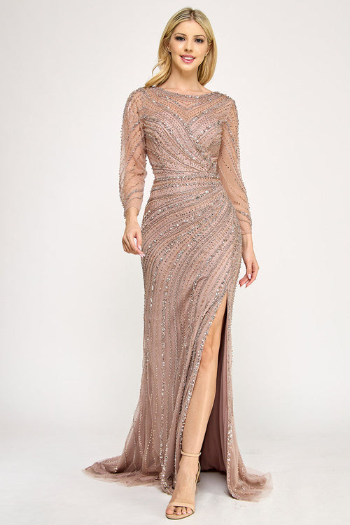 Lenovia 8383 Beaded Illusion Long Sleeve Mesh Mother of Groom Dress
